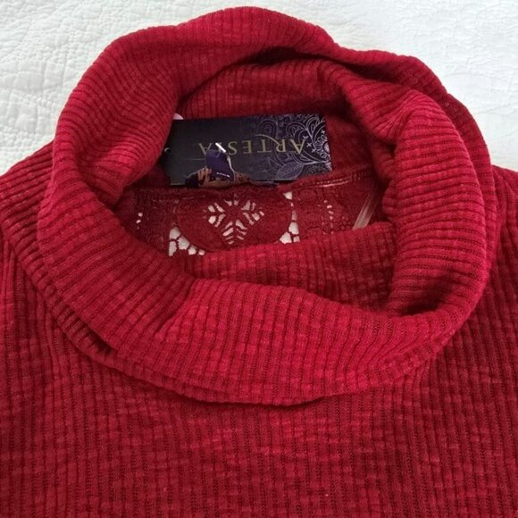 Artesia Women's Lightweight Sweater Size Medium Red Cowl Neck Crochet Holidays - Picture 3 of 13